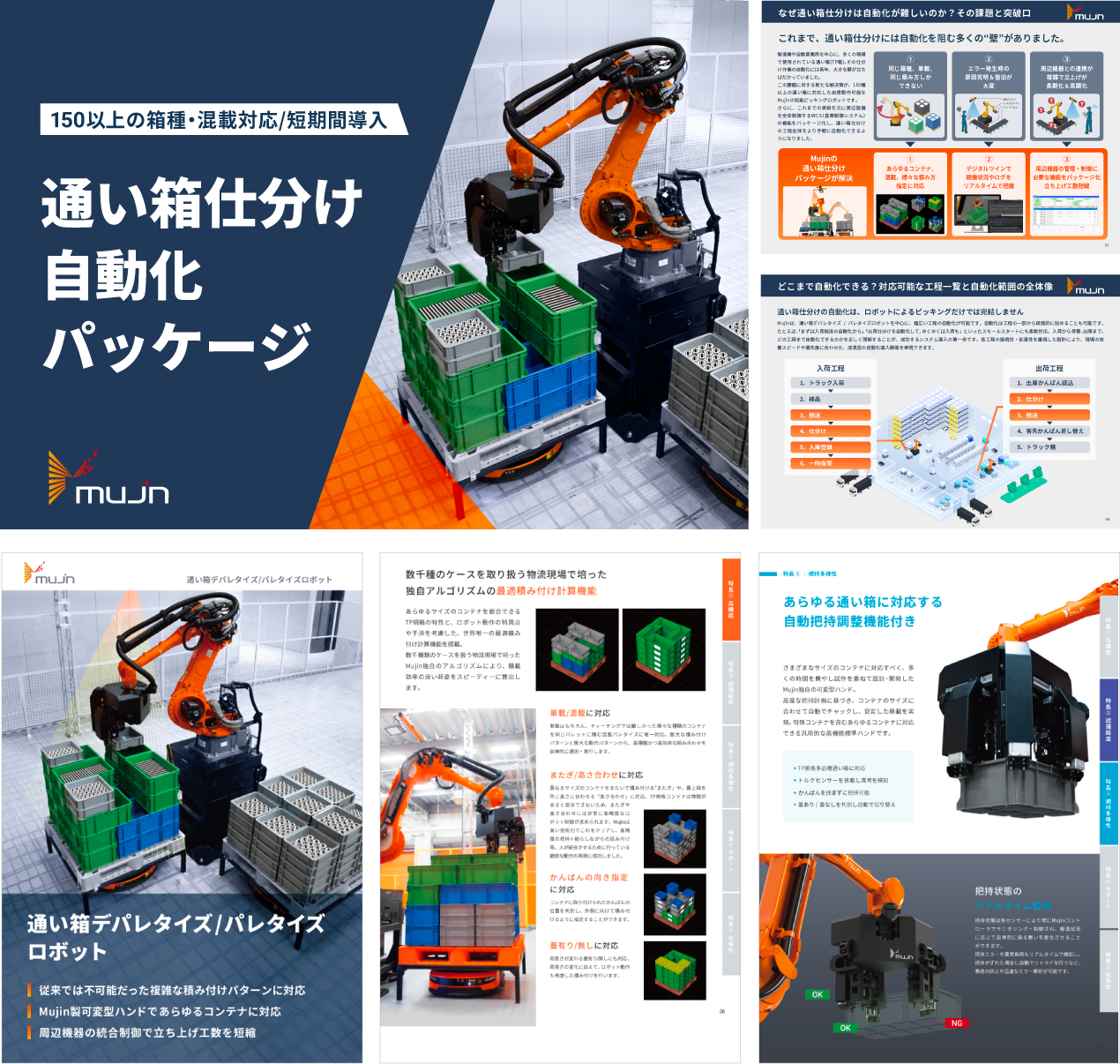 通い箱仕分け自動化パッケージ ご紹介資料 + 通い箱ロボット パンフレット 表紙